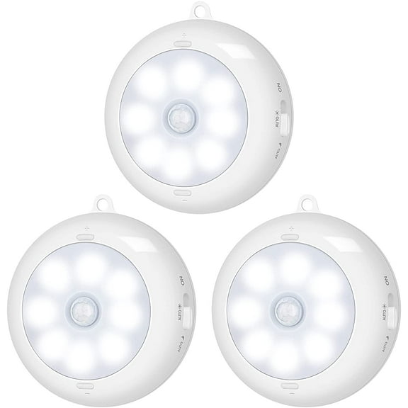 Motion Sensor Light Indoor, LED Night Closet Lights, Under Cabinet Battery Powered Ceiling AA Operated Stick on Wireless Puck Lights for Wall, Step, Stair, Dimmable (3 Pack)
