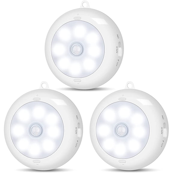 Motion Sensor Light Indoor, LED Night Light Closet Lights, Under Cabinet Lights, AA Battery Operated Stick on Wireless Puck Lights for Wall, Step, Stair, Dimmable (3 Pack)