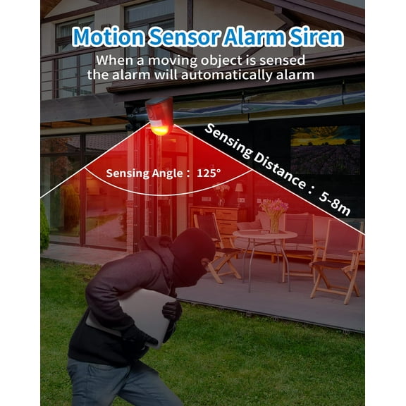 Motion Sensor Light Outdoor, Solar Security Light Alarm, 129DB Siren Sound Alert & 6LED Flash Warning Security Alarm System for Farm, Villa, Home, Yard, Barn, Red