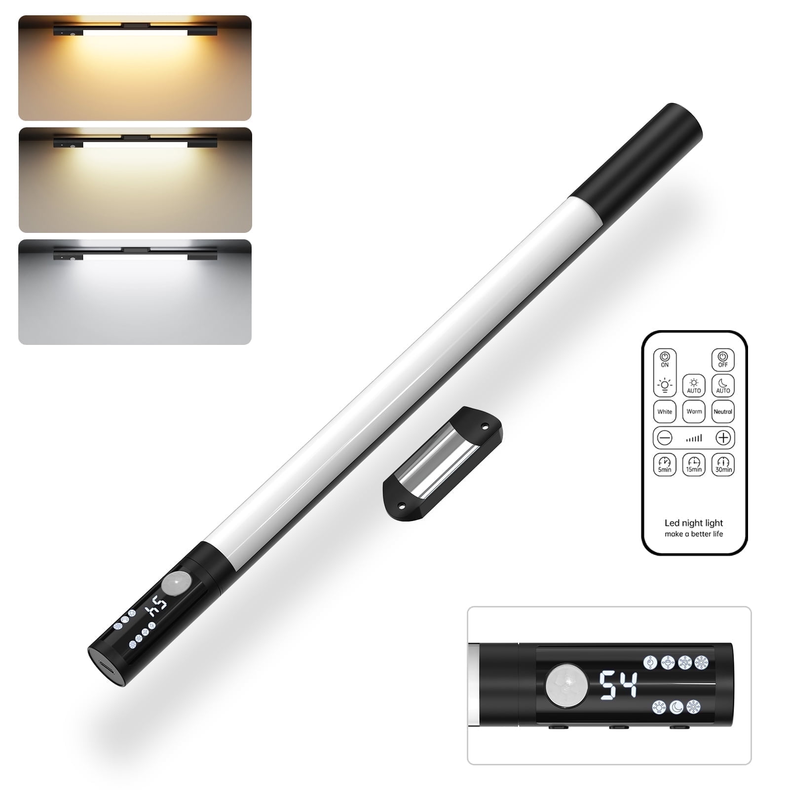 Motion Sensor Light with Remote Control, Digital Display, 3 Color Modes, Adjustable Brightness, 2000mAh Rechargeable Battery, PIR LED Cabinet Light for Indoor Use – Black