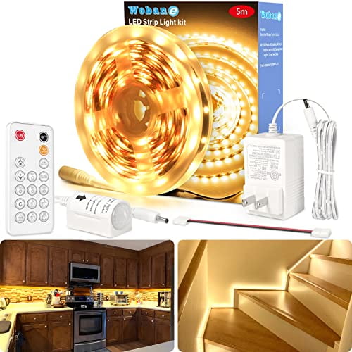 Motion Sensor Light Strip 16.4ft Tape Lighting, 3000K Warm White Complete LED Strip Kit with
