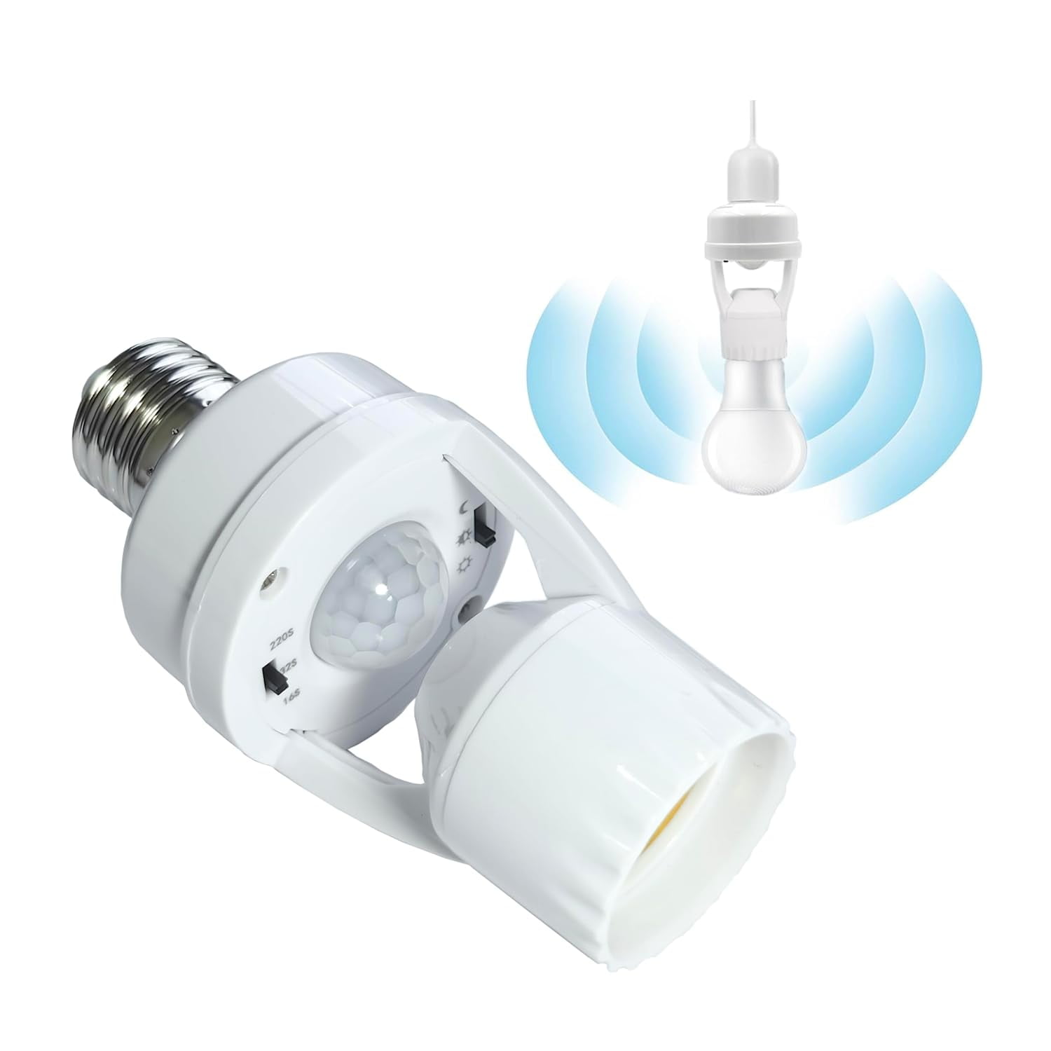 Motion Sensor Lights Socket, Motion Activated Garage Lamp Holder, E26/E27 Screw in Light Bulb Holder Adapter Auto On or Off Night Light Control for Porch Basement Storage Room