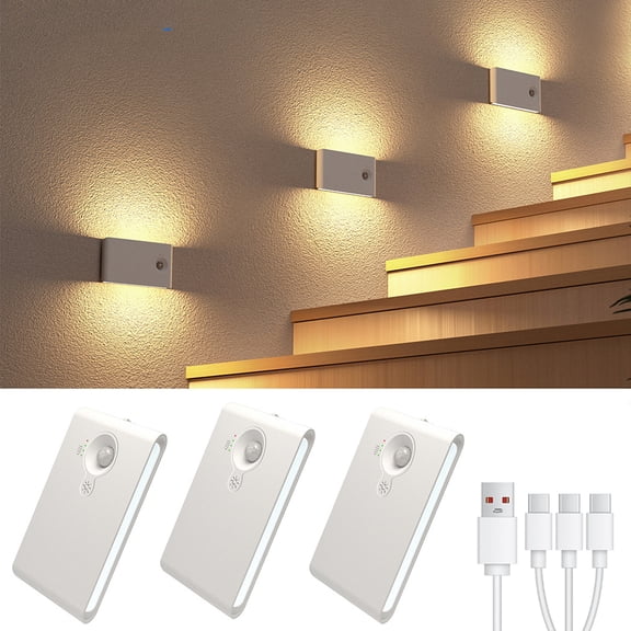 Motion Sensor Night Light 3-Pack, Rechargeable LED Magnetic Wall Light, Dimmable Battery-Operated Stick-on Lights for Stairs, Bathroom, Closet, Hallway & Bedroom, Wireless No-Drill Installation