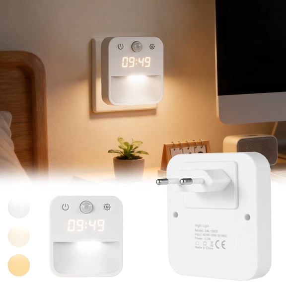 Motion Sensor Night Light With Clock Display 3 Colour Temperatures Dimmable Plug In Wall Light For Bedroom Hallway Motion Sensor Night Light With Clock Decoration