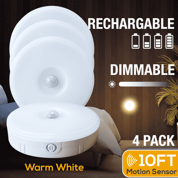 Motion Sensor Night Light Dimmable, Rechargeable Battery Powered, Under Cabinet Lights, Wireless Puck Lights for Baby/Kids Bedroom, Closet, Kitchen Counter & Stairs, Stick-on Wall Lights