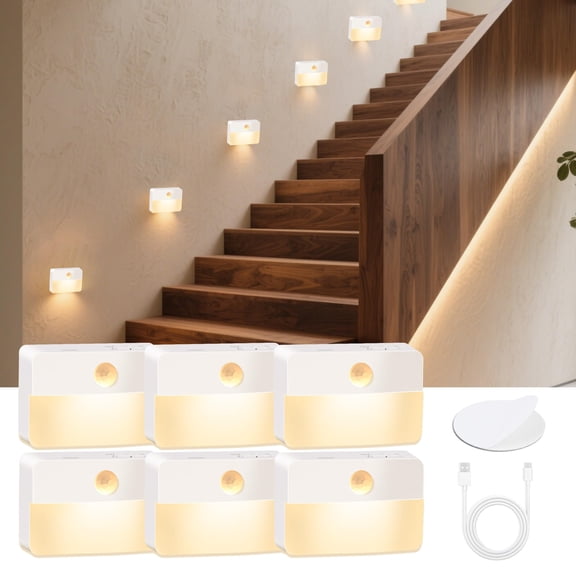 Motion Sensor Night Light Indoor, Rechargeable LED Stair Lights, Warm White Stick-On Closet Lights, Battery Operated Hallway, Cabinet, Bedroom, Kitchen Lamps (6 Pack, White)