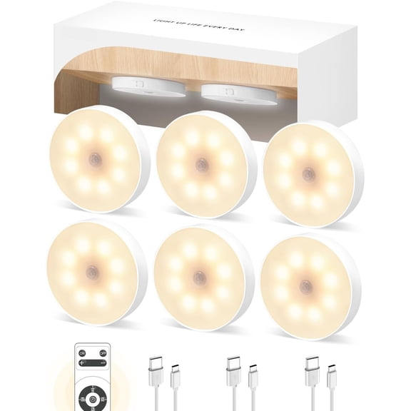 Motion Sensor Night Light, Operated Puck Lights with Remote, Dimmable Warm White Night Light, 3000K Soft Light for Bathroom, , Hallway