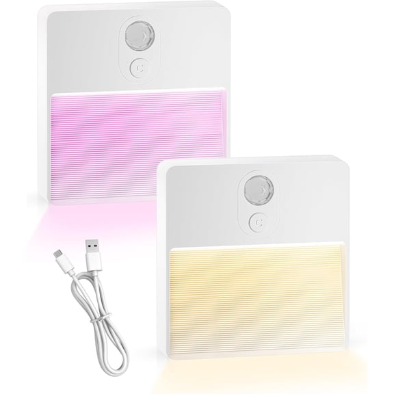 Motion Sensor Night Light: Stick-on Rechargeable LED Warm Night Lights Stepless Dimming 7 Colors Motion Activated Battery Operated Stair Lights Indoor for Staircase Hallway Toilet 2 Pack