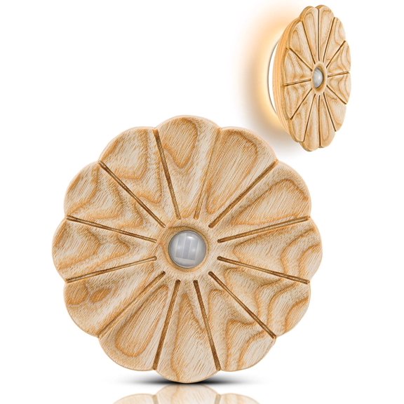 Motion Sensor Night Light Wooden Carved Flower Mini USB Rechargeable Stick-On Step Lights Magnetic Wall Lights for Hallway Bedroom Living Room Stair