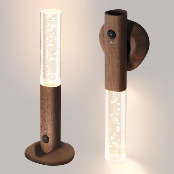 Motion Sensor Night Lights Indoor, Rechargeable Night Lights Wall Sconces Wooden Set of 2, Battery Powered Magnetic Wall Sconces Decor for Bedroom, Hallway, Bathroom, Stairway, Closet(Walnut Wood)