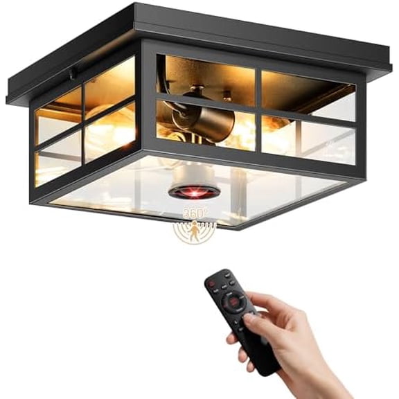 Motion Sensor Outdoor Ceiling Light with Remote, Distance and Time Adjustable Outside Flush Mount Ceiling Light, 5 Modes Porch Lights Outdoor Ceiling for Garage, Porch, Entryway, Black, Square