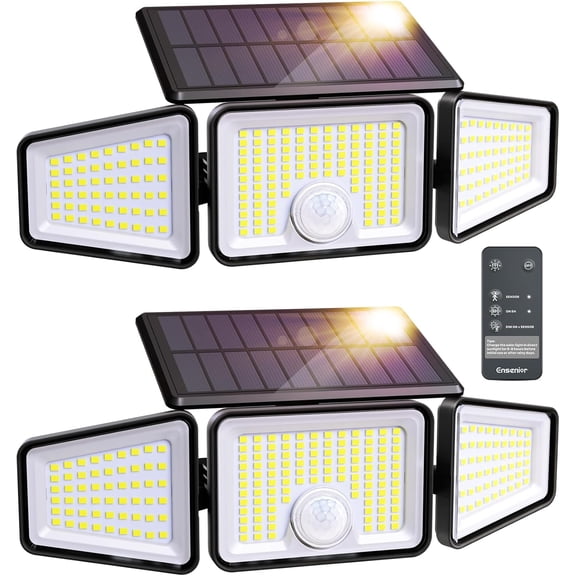 Motion Sensor Outdoor Lights, 220 LED IP65 Waterproof Solar Security Light with Remote Control, 3 Heads Flood 4 Modes, 270 Wide Angle for Outside -2Pack