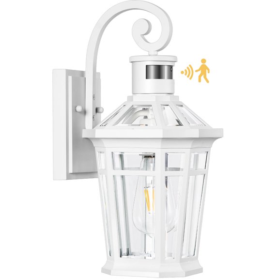 OPAXIS Motion Sensor Outdoor Wall Lantern, White Outdoor Lighting Fixtures Wall Mount, Dusk to Dawn Exterior Sconce Lights with Beveled Glass, Waterproof Exterior Front Porch Lights for Garage, Coach