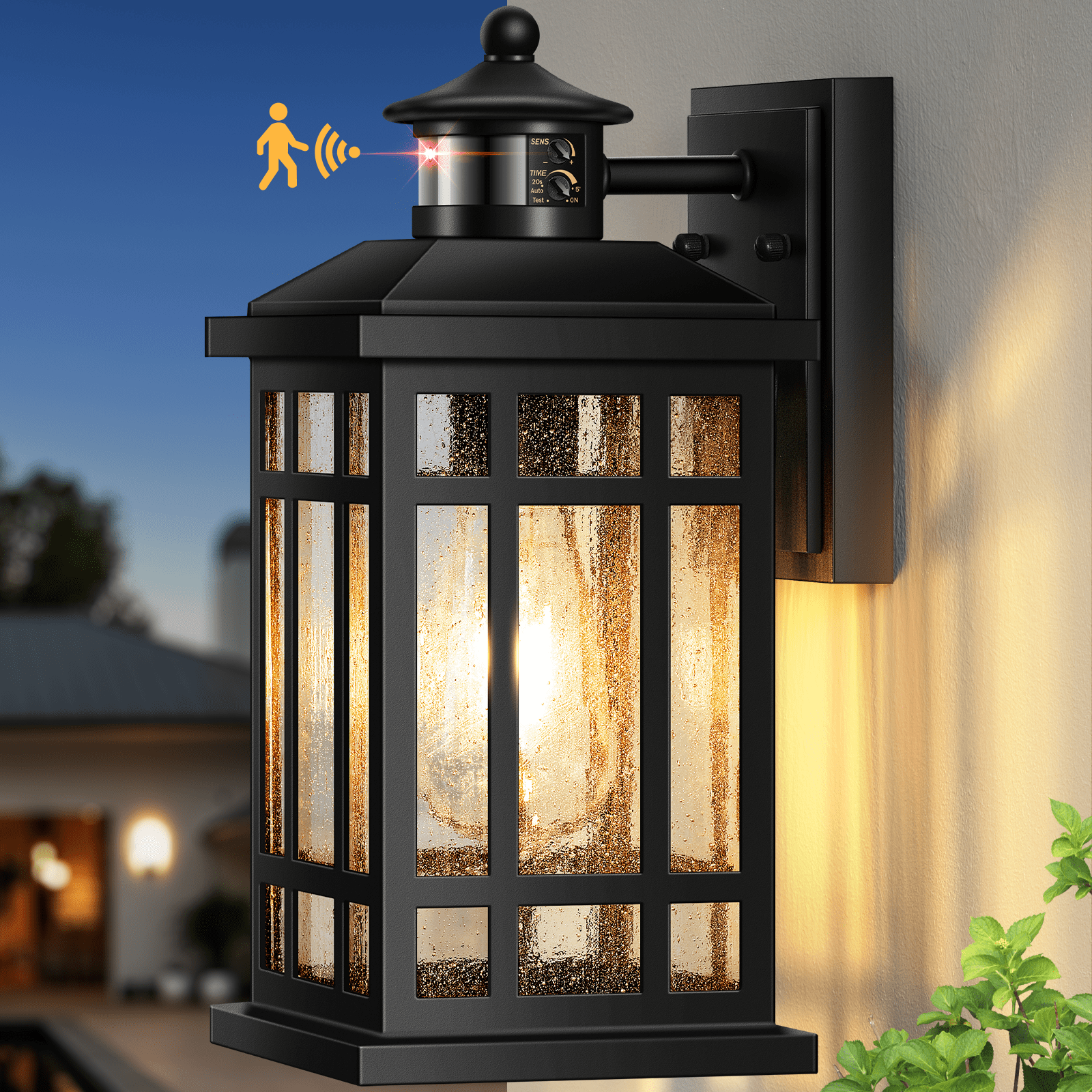OPAXIS Motion Sensor Outdoor Wall Light, Adjustable Sensing Range Outside Lights for House, Black Dawn to Dusk Sconce Lights for Patio, Anti-Rust Waterproof Porch Lantern Wall Mount with Bubble Glass