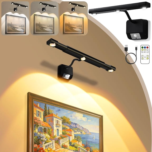 Motion Sensor Picture Lights for Wall, Dimmable Operated Picture Light with Timer, Extendable Painting Light with Remote, 3 Color Temp, Rotatable Wall Art Light for Paintings