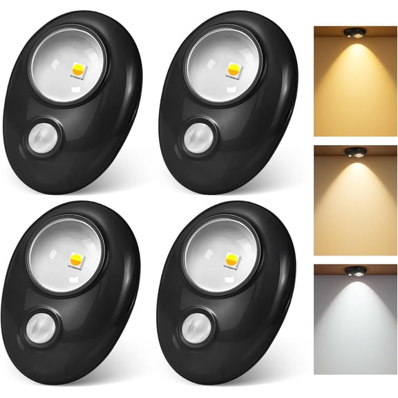 Motion Sensor Puck Lights, 3 Color Temps Dimmable Under Cabinet Lighting indoor, LED Wireless Rechargeable Magnetic Closet Light for Drawer, Shelf, Wardrobe, Kitchen, Hallway (Black, 4 Pack)