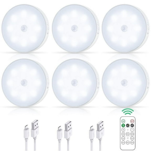Motion Sensor Puck Lights LED Wireless USB Rechargeable Battery Operated Under Cabinet Lighting with Remote Control Movement Detection on Shelf Display Closet Counter Light for Kitchen Wardrobe Stairs
