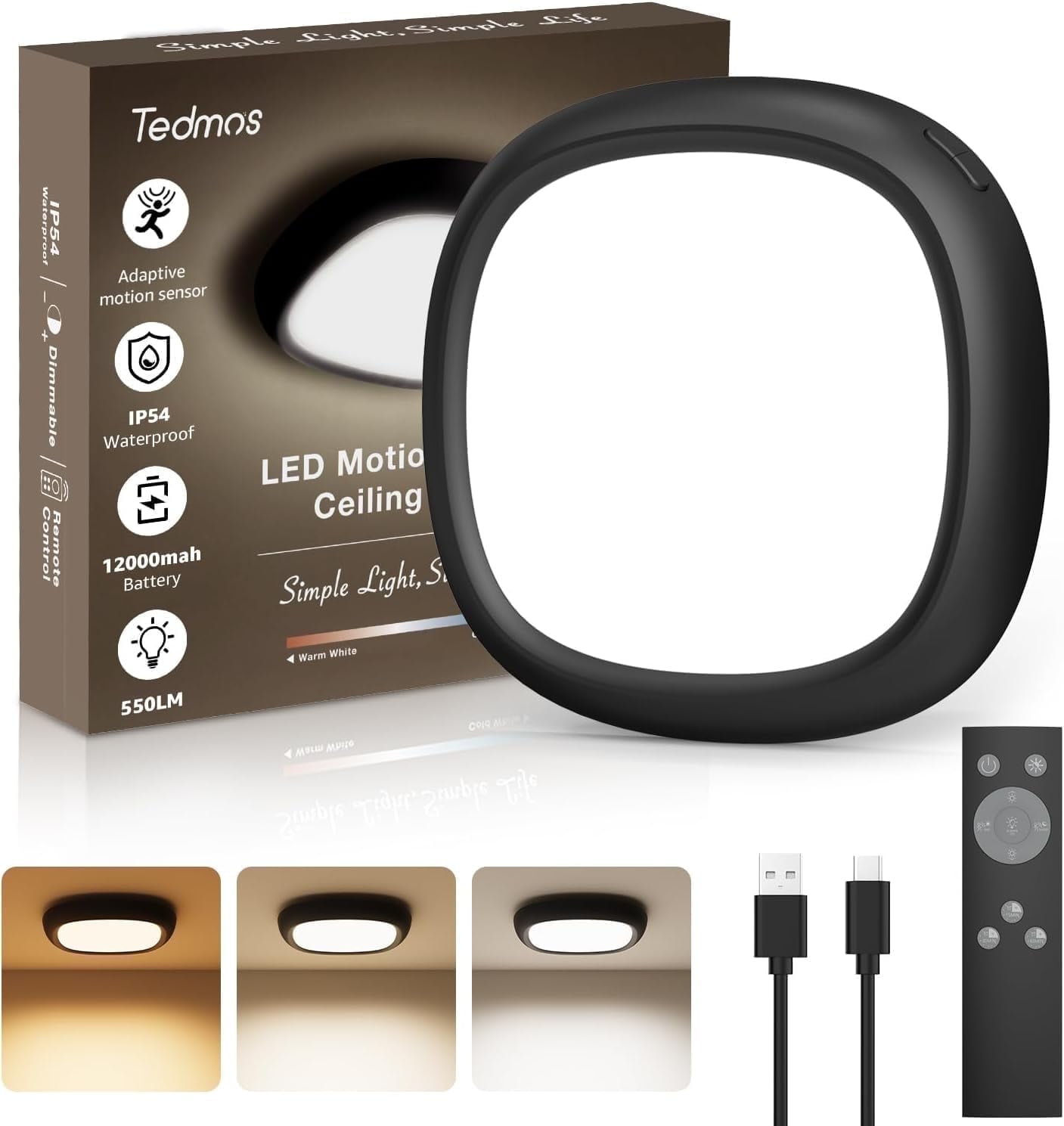 Tedmos Motion Sensor Rechargeable LED Ceiling Light with Remote, IP54 Waterproof Shower Light Indoor, Battery Operated Wireless Closet Lights No Wiring Hallway Bathroom Garage Black Modern Lighting