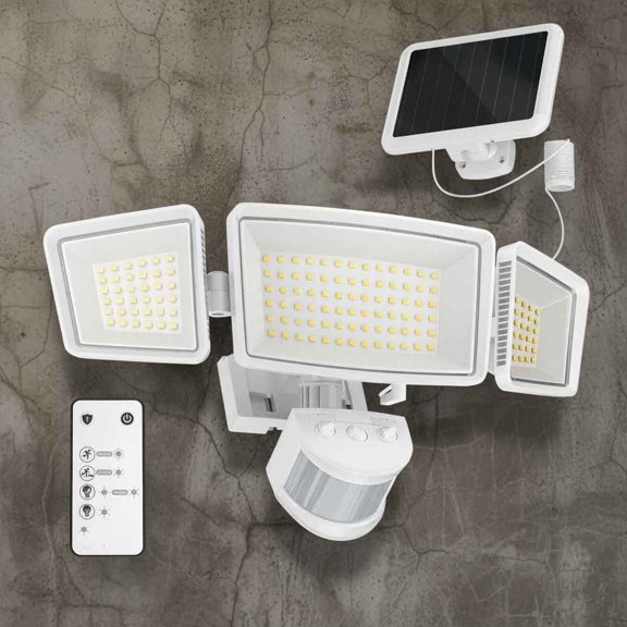 Motion Sensor Solar Security Light, 1800LM Wide Angle 3 Heads LED Flood Lights, IP65 Waterproof Wall Lights, Separate Solar Panel Remote Control Solar Lights Outdoor