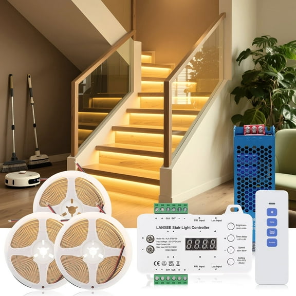 Intelligent Motion Sensor Stair Light System 16-Step Warm White 3000K, Smart PIR Indoor Staircase Lighting Kit with COB LED Strip, Step-by-Step Dynamic Effects, DIY Home Stair Light