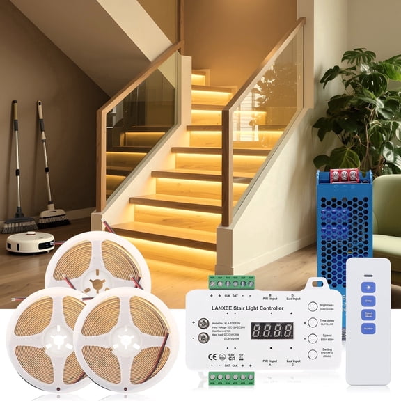 LANXEE 16-Step Indoor Stair Light Kit, Warm White 3000K COB LED Strip, 40" Cuttable, PIR Motion Sensor, Dynamic Lighting for Hallways & Stairs