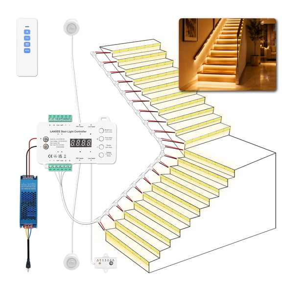LANXEE 20-Step Indoor Stair Light Kit, Warm White 3000K COB LED Strip, 40" Cuttable, PIR Motion Sensor, Dynamic Lighting for Hallways & Stairs