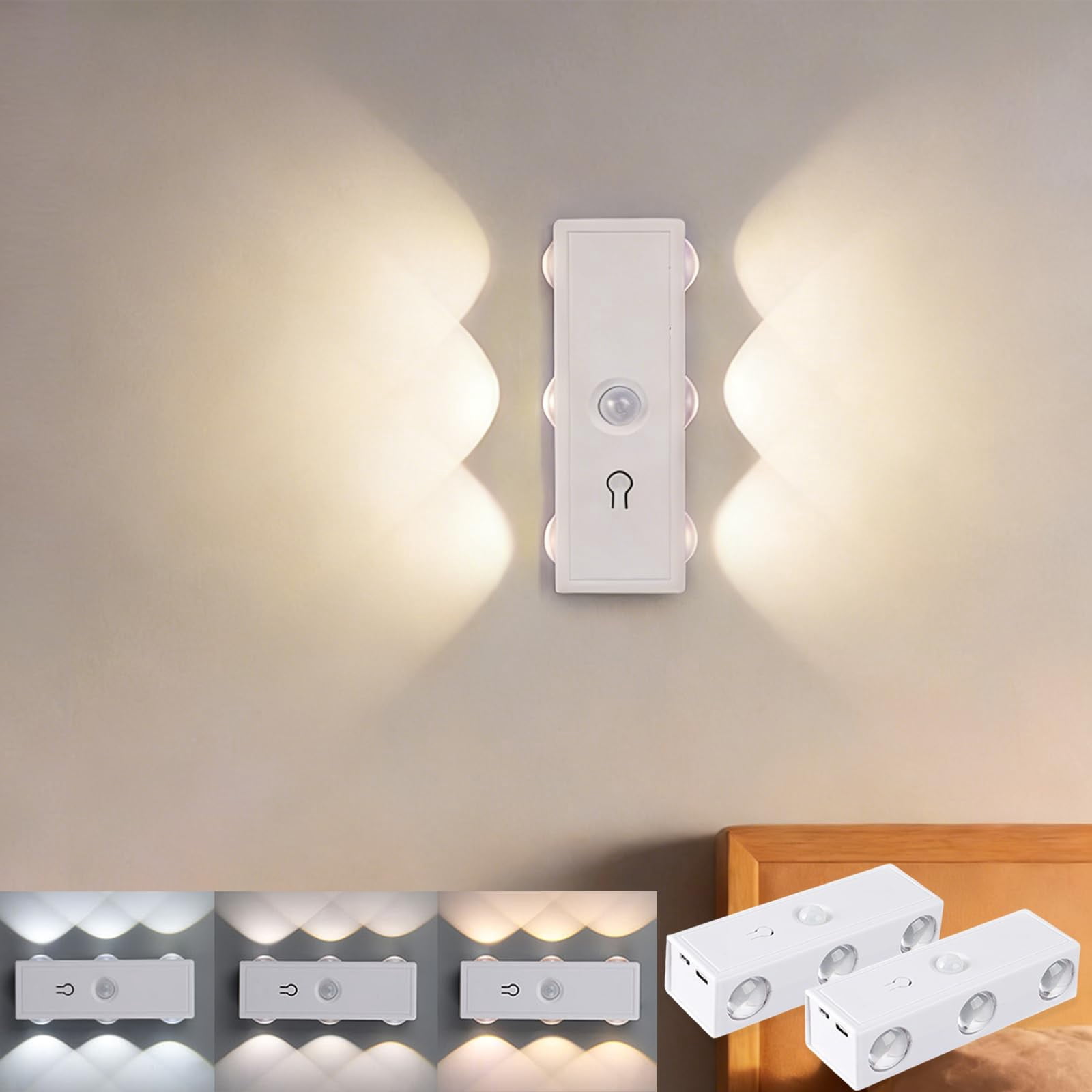 Motion Sensor Wall Light Set of 2, Rechargeable Battery Operated ...