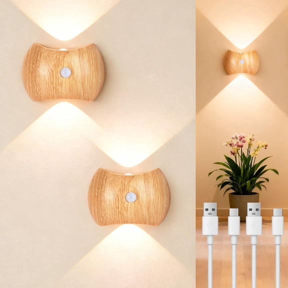 Motion Sensor Wall Lights Indoor - Rechargeable Wall Lights Up & Down, Wireless Battery Operated Wall Sconce Set of 2 for Bedroom, Hallway, Stair, Living Room Decor, Wood Cordless Magnetic Wall Lamp