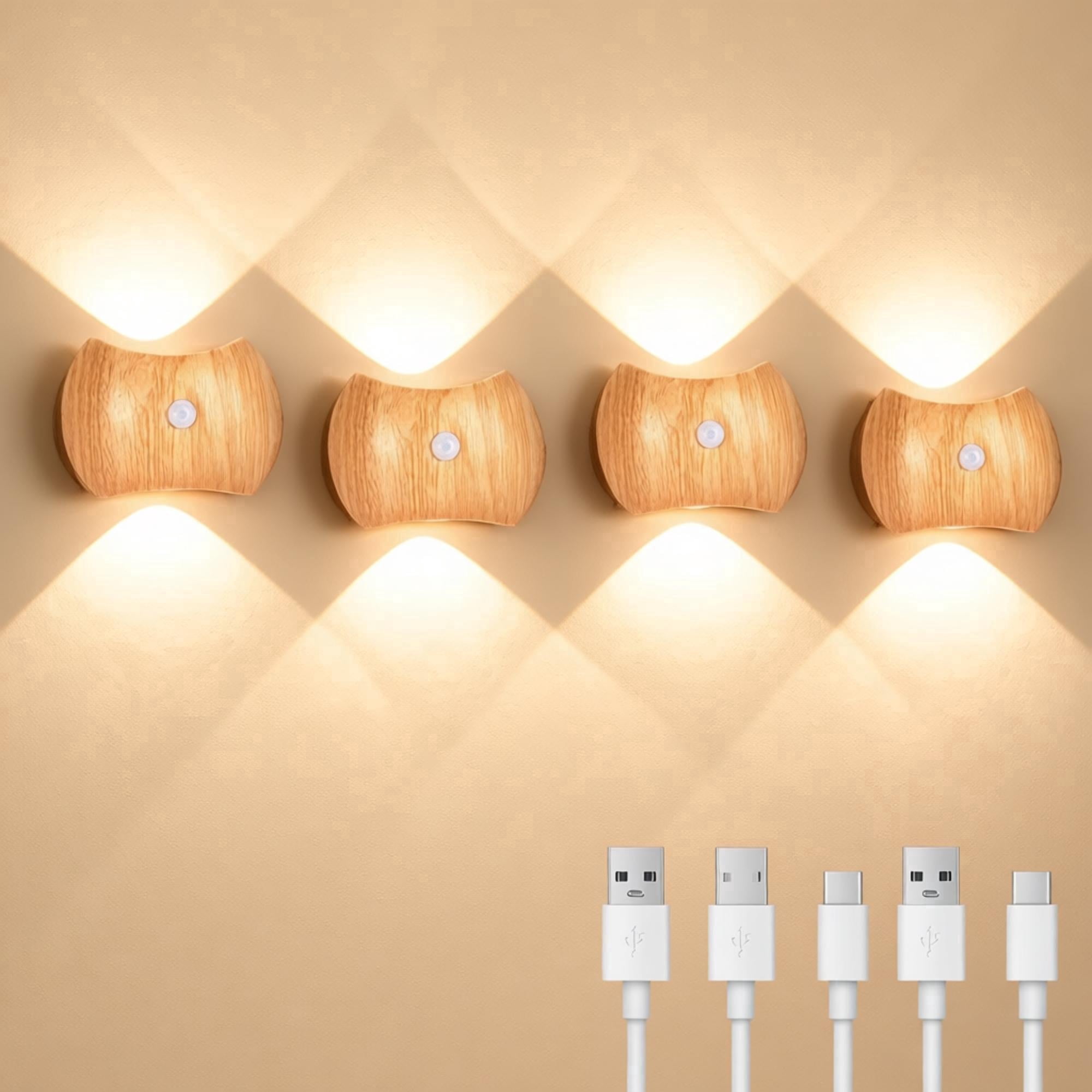 Motion Sensor Wall Lights Indoor - Rechargeable Wall Lights Up & Down, Wireless Battery Operated Wall Sconce Set of 4for Bedroom, Hallway, Stair, Living Room Decor, Wood Cordless Magnetic Wall Lamp