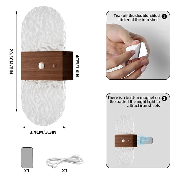 Motion Sensor Wall Sconce Night Light, Rechargeable Magnetic Bedside Lamp, Cordless Wood Grain Ambient Lighting for Bedroom and Hallway, Decorative Motion-Activated Sconce