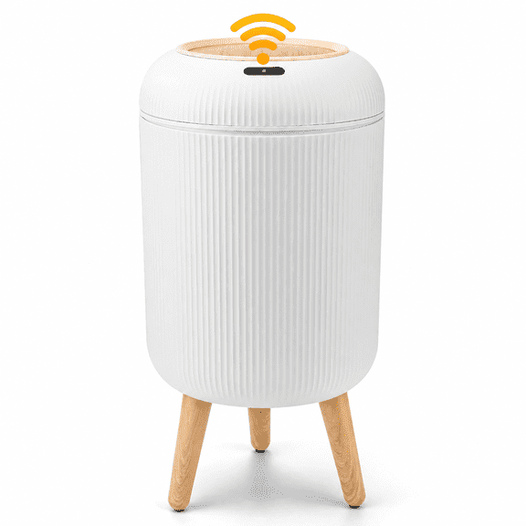 KANFUAQ Automatic Trash Can, 2.6 Gallon Motion Sensor Trash Can with Lid, Touchless Wastebasket with Wood Grain Lid, Small Trash Can for Bathroom, Bedroom, Office & Kitchen, White