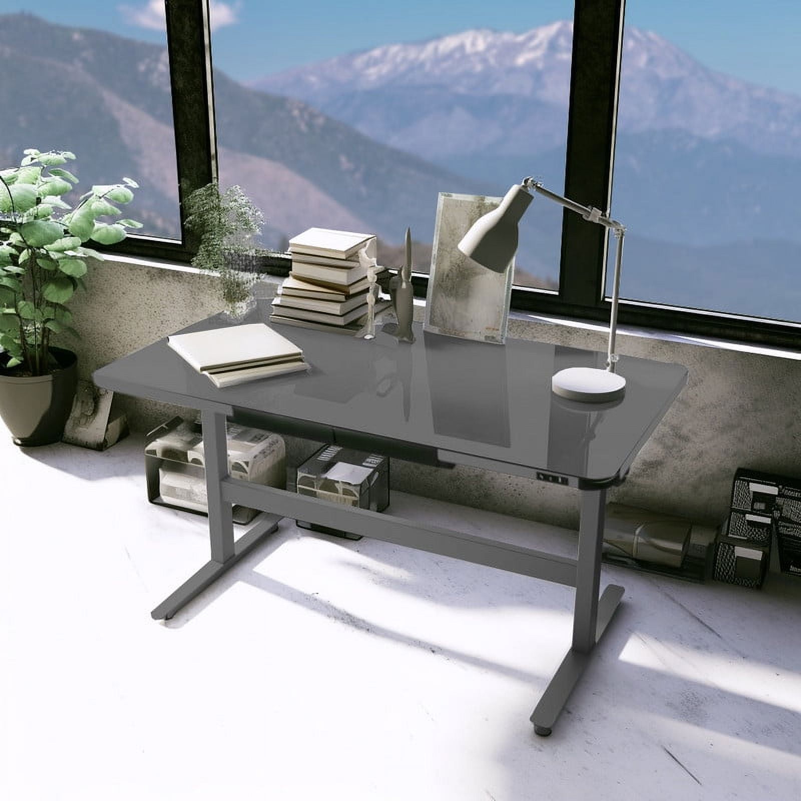 Dark Gray Adjustable Height Desk with Glass Top and USB Port