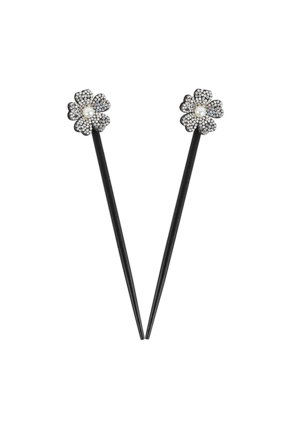 Black Wooden Hair Sticks with Rhinestone Flowers, 2 Pieces for Adult Girls