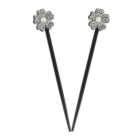 Motique Accessories Black Wooden Hair Sticks with Rhinestone Flowers, 2 Pieces for Adult Girls