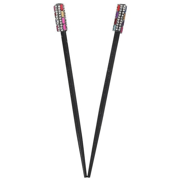 Motique Accessories Wood Hair Sticks with Colored Rhinestones for Women- Black