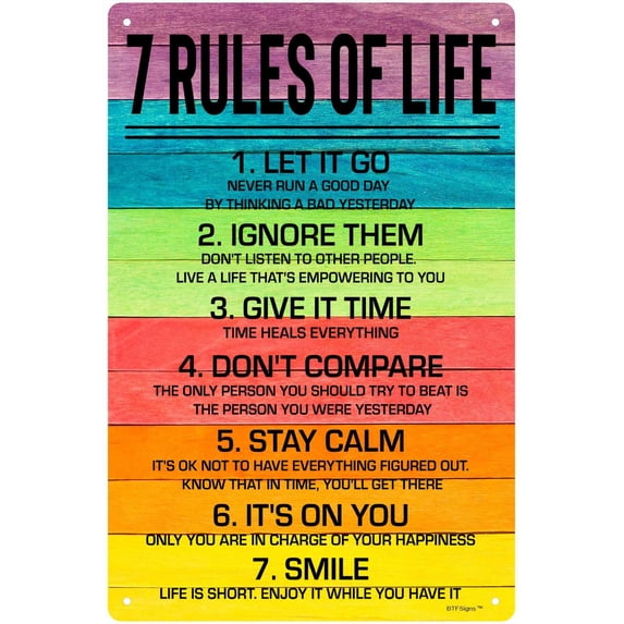 Motivate Sign 7 Rules Of Life Sign Inspirational And Uplifting Wall Art Decorationch Size: 12 x 16 inch