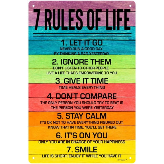 Motivate Sign 7 Rules Of Life Sign Inspirational And Uplifting Wall Art Decorationch Size: 8 x 12 inch