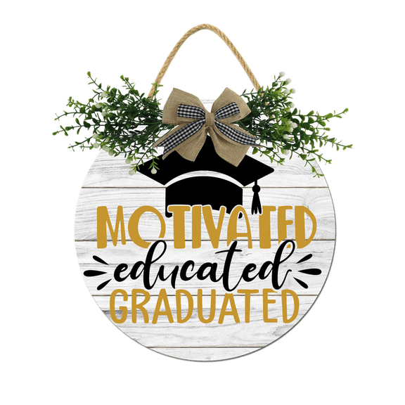 Motivated Educated Graduated Wreath Sign for Front Door,Horizontal Round Door Wreaths,Housewarming Gift Farmhouse Wood Door Hanger for Home Decor Indoor and Outdoor, Classroom, Yard, Porch Décor