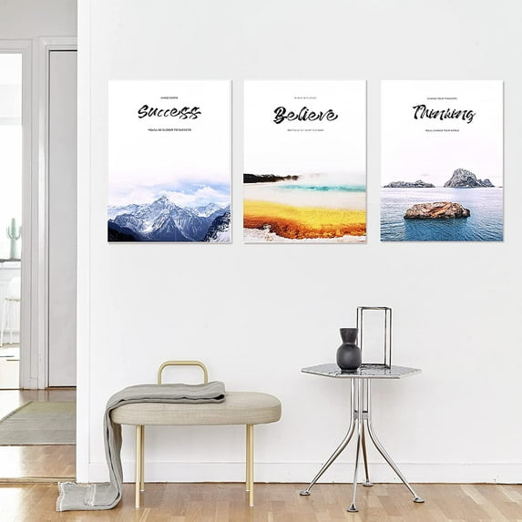 Motivational Aesthetic Wall Decor Relaxing Landscape Ocean Beach Mountain Wall Art Positive Thinking Believe Success Quote Poster Blue and Gold Hanging Inspiration Picture Gift for Home Bedroom