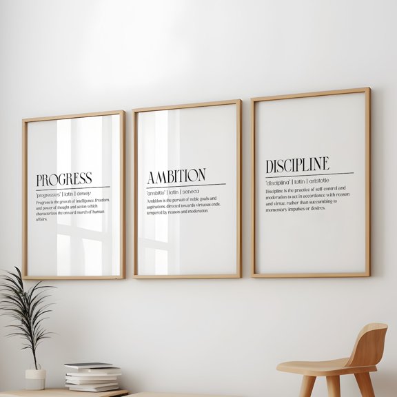 Motivational Ambition Discipline Progress Typography Minimalist Office Decor Set 3 Unframed Paper Print 8x12