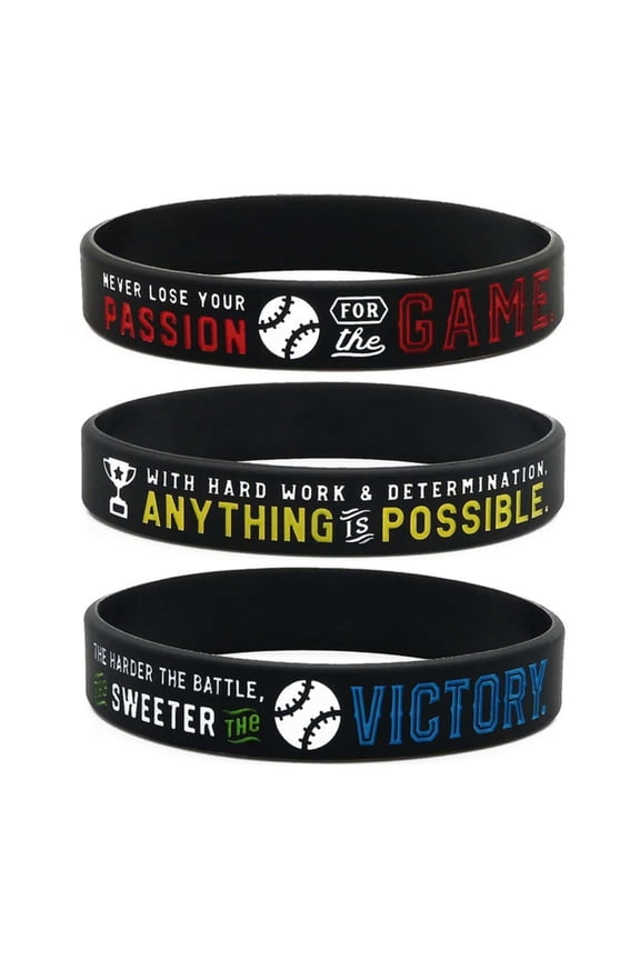 Motivational Baseball Silicone Wristband Set 3PCS - Black with Red Yellow