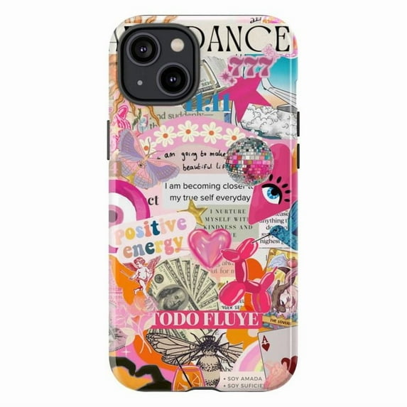 Motivational Collage Phone Case, Positive Energy and Retro Artistic Quotes iPhone Cover, Unique Aesthetic Protective Case for iPhone 17 16 15 14 13 12 11 Plus Pro Max Mini