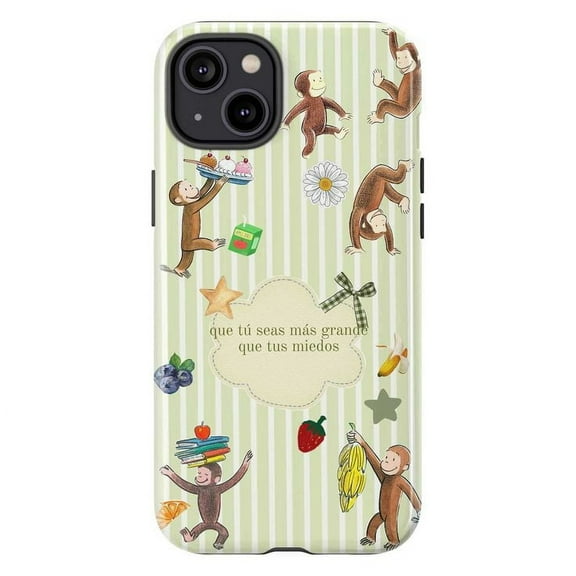 Motivational Curious Monkey Phone Case – Spanish Quote, Cute Cartoon Design with Fruit & Books, Dual Layer Cover for iPhone 16 15 14 13 12 11 Pro MAX Plus