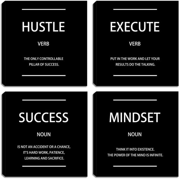 Motivational Entrepreneur Wall Art 4 Piece Black Positive Quotes Office Decor Decorations Poster Prints Picture Painting for Home Office Gym Classroom Bedroom Workplace Framed Ready to Hang 16"x16"x4