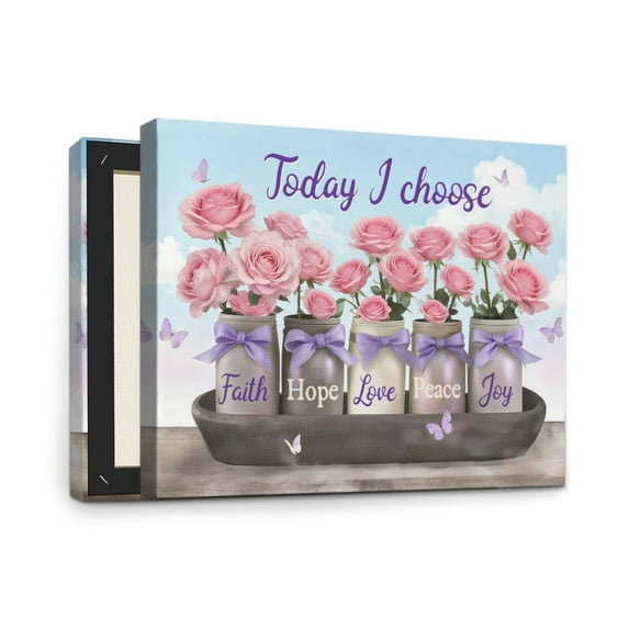 Motivational Flower Canvas Wall Hanging, Today I Choose Faith Hope Love Peace Joy Framed Canvas Wall Art, Inspirational Quote for Farmhouse Home Decor