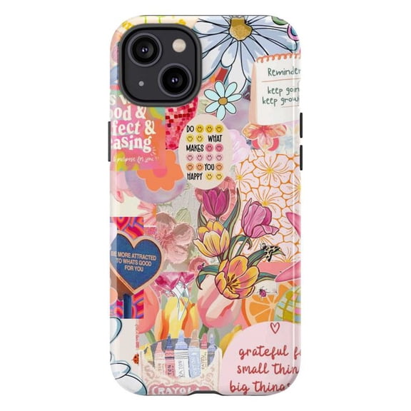 Motivational Flower Collage Phone Case, Happy Quote Abstract Floral Cover for iPhone 17 16 15 14 13 12 11 Pro Plus Mini