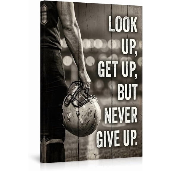 Motivational Football Canvas Wall Art_Never Give Up_ Quote Poster. Inspirational Sports Athlete Black and White Decor for Living Room Bedroom Office Home