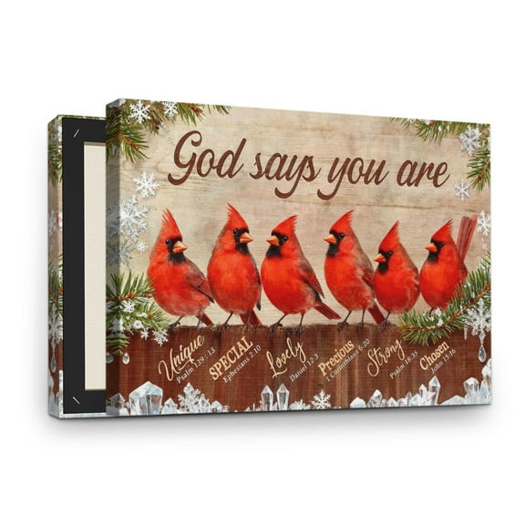 Motivational Framed Canvas Wall Art - God Says You Are Unique Special Lovely Precious Strong Chosen, Red Cardinals on Snow Pine Bible Quote Inspirational Canvas Wall Hanging - 16x24 inch