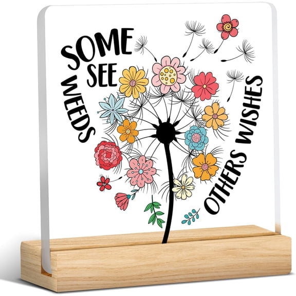 Motivational Gifts Inspirational Quote Clear Desk Decorative Sign Colorful Positive Floral Dandelion Acrylic Plaque With Wooden Stand 4x4 Inch Sign Home Desk Decor