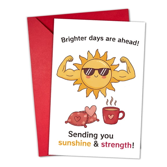 Motivational Greeting Card – "Brighter Days Are Ahead!" with Muscular Sun Design – Encouraging Card for Friends, Family – Blank Inside, Red Envelope Included